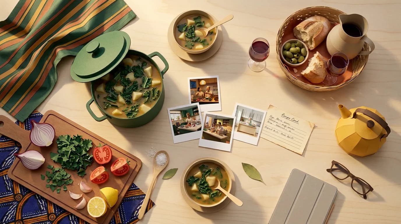 The table after the gathering, from above: the pot half full, two served bowls, and the four kitchens printed and kept beside a handwritten recipe card.