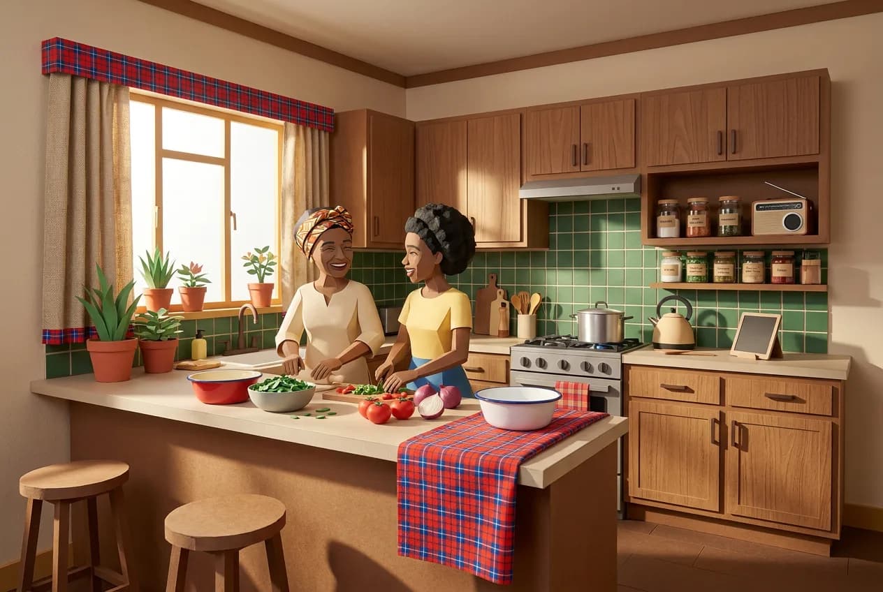 Two sisters chopping greens and tomatoes together at the counter of a family kitchen in Nairobi, Maasai check cloth on the counter and at the window.