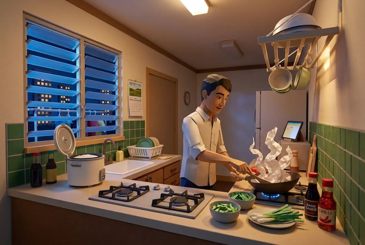 A young man turning a wok at night in a Singapore flat kitchen, lit towers beyond the louvred window.